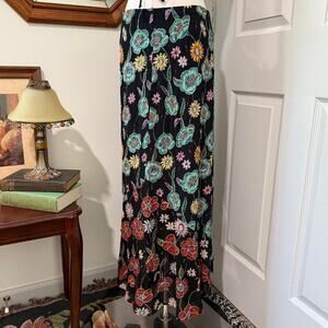 VTG 90s Chicos Black & Multi Floral Embroidered Beaded Boho Fairy Maxi Skirt L